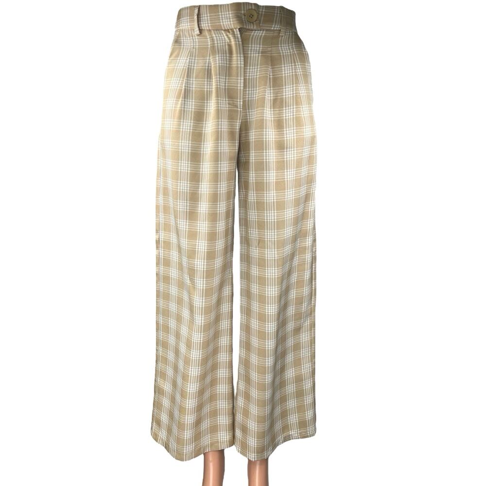 Princess Polly Beige White Plaid Pleated Wide Leg Trouser Casual Pants Size 0